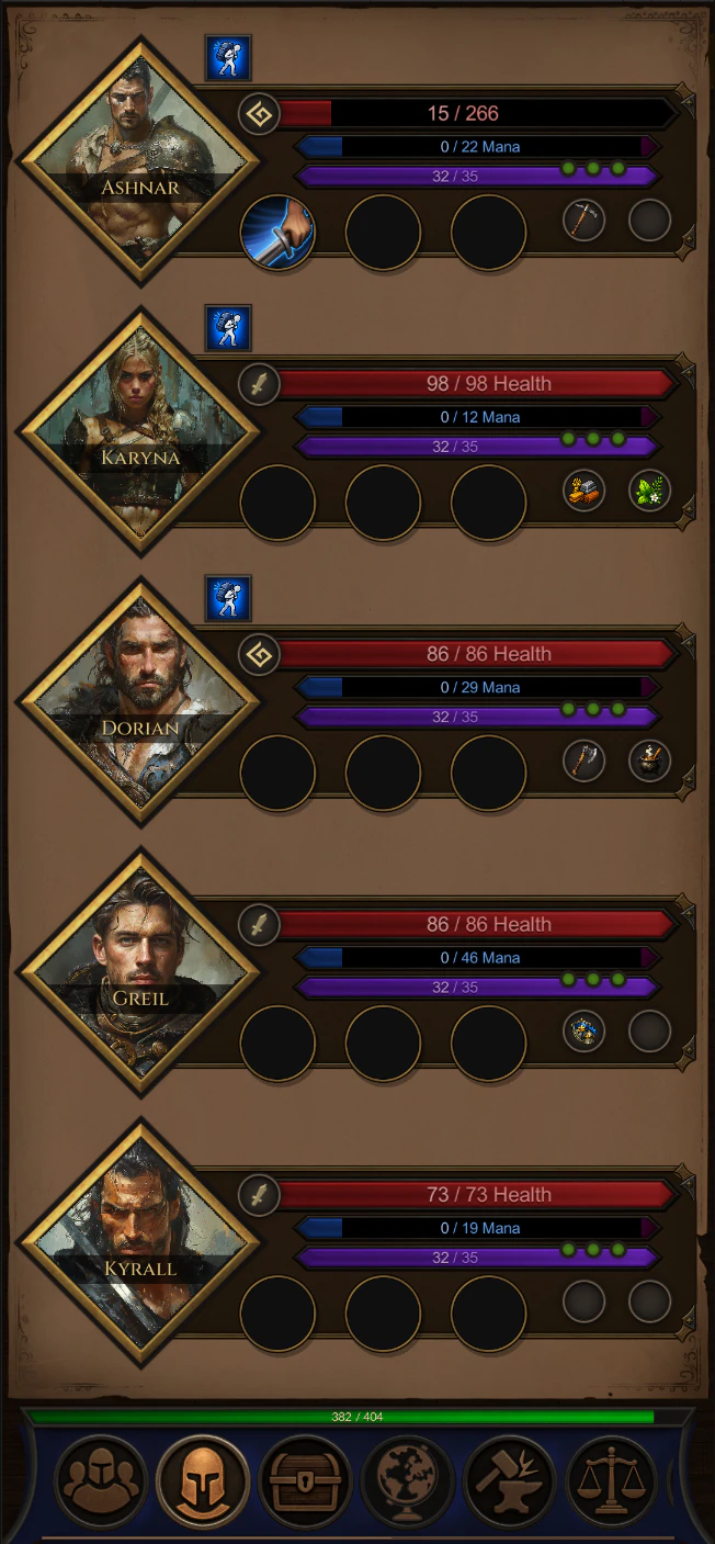 The team roster with individual characters, equipment and health.