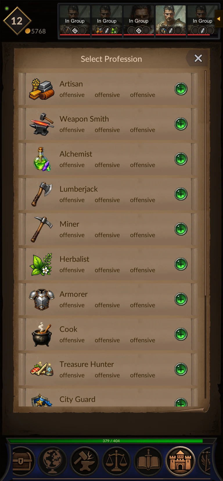A selection of crafting and gathering professions for a character.